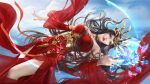  1girl absurdres bare_legs brown_hair cai_lin_(doupo_cangqiong) cloud collar detached_sleeves doupo_cangqiong dress energy hair_ornament highres hua_wei_yang long_hair looking_up metal_collar parted_lips red_dress red_eyes red_nails ripples second-party_source sideways solo teeth upper_body water 