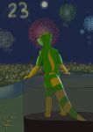  2022 anthro digital_drawing_(artwork) digital_media_(artwork) fireworks fur green_body green_fur hair hi_res holidays humanoid hybrid male mammal multicolored_body multicolored_fur mustelid natsu_hasegawa natsutheott new_year new_year_2023 orange_body orange_fur otter procyonid raccoon red_eyes solo tail text 