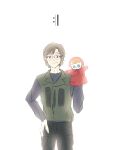  1boy absurdres aida_kensuke brown_eyes brown_hair closed_mouth doll evangelion:_3.0+1.0_thrice_upon_a_time facial_hair glasses grin hand_on_own_hip hand_puppet highres jacket keta9232 long_sleeves looking_at_viewer neon_genesis_evangelion puppet rebuild_of_evangelion short_hair simple_background smile solo standing white_background 
