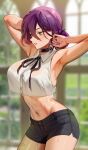  1girl armpits bare_shoulders black_choker black_shorts blush breasts chainsaw_man choker collared_shirt cropped_shirt english_commentary foxyreine green_eyes grenade_pin hair_between_eyes hair_bun highres large_breasts making-of_available medium_hair midriff navel paid_reward_available purple_hair revision reze_(chainsaw_man) shirt short_shorts shorts side_slit side_slit_shorts single_hair_bun sleeveless sleeveless_shirt solo stomach sweat thighs 