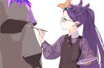  dress forehead glasses hololive hololive_english knife ninomae_ina&#039;nis painting_(action) pako_(pakosun) ponytail profile purple_dress purple_eyes purple_hair ribbon rock white_background 