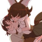  1boy 1girl animal_ears bare_shoulders black_hair blush bow brown_hair captain_(kemono_friends) closed_eyes dhole_(kemono_friends) dog_ears dog_girl dog_tail extra_ears gloves kemono_friends kemono_friends_3 licking licking_another&#039;s_cheek licking_another&#039;s_face looking_at_another multicolored_hair one_eye_closed saliva shirt short_hair short_sleeves skirt sleeveless smile tail tamikasun thighhighs tongue tongue_out two-tone_hair white_hair 