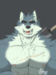  anthro canid canine canis cheese12367 chest_scar eye_scar eyebrow_scar facial_scar hi_res looking_at_viewer male mammal scar solo sword_on_back watermark wolf 