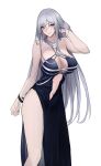  1girl adjusting_hair ak-12_(girls&#039;_frontline) ak-12_(quiet_azure)_(girls&#039;_frontline) bare_shoulders blue_dress blush breasts cleavage closed_mouth clothing_cutout commentary_request dress evening_gown feet_out_of_frame girls&#039;_frontline grey_hair halterneck highres large_breasts light_smile long_hair looking_at_viewer navel navel_cutout official_alternate_costume purple_eyes sidelocks simple_background sleeveless sleeveless_dress solo swavigg unusually_open_eyes white_background wristband 