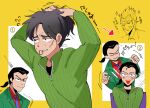  3boys black_hair black_shirt blue_necktie blush closed_mouth collared_shirt commentary_request frown gin_to_kin green_jacket green_sweater hair_tie_in_mouth highres hirai_ginji inudori itou_kaiji jacket kaiji low_ponytail medium_bangs morita_tetsuo mouth_hold multiple_boys necktie open_mouth red_shirt scar scar_on_cheek scar_on_ear scar_on_face shirt short_hair smile sparkle suit sweater translation_request tying_hair upper_body yellow_background zipper 