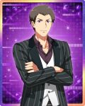  1boy brown_hair buttons collared_shirt crossed_arms fingernails idolmaster idolmaster_side-m idolmaster_side-m_growing_stars long_sleeves looking_at_viewer male_focus official_art purple_eyes shingen_seiji shirt smile solo v-shaped_eyebrows 
