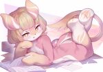  1girl absurdres animal_ears animal_nose barefoot blonde_hair blunt_bangs blush character_request chinese_commentary commentary_request completely_nude dated feet_up full_body furry furry_female genshin_impact highres innerkey_(kgfw5338) looking_at_viewer lying melusine_(genshin_impact) multicolored_fur nude on_stomach open_mouth orange_eyes orange_fur pink_fur revision short_hair signature solo tail the_pose white_fur 