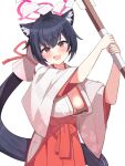  1girl absurdres animal_ear_fluff animal_ears black_hair blue_archive blush breasts cat_ears fang hakama halo highres japanese_clothes kimono long_hair looking_at_viewer medium_breasts miko official_alternate_costume open_mouth ponytail red_eyes red_hakama serika_(blue_archive) serika_(new_year)_(blue_archive) simple_background skin_fang solo uro_kohara white_background white_kimono 