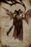  1boy absurdres demon demon_horns demon_wings fire full_body glowing glowing_eyes highres holding holding_sword holding_weapon horns latin_text looking_at_viewer lucifer multiple_horns muscular muscular_male nate_rose original satan solo sword translation_request weapon wings 
