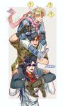  1girl 2boys ? battle_tendency black_hair blonde_hair blue_jacket bomber_jacket boots brown_hair caesar_anthonio_zeppeli carrying cigarette denim facial_mark feather_hair_ornament feathers fingerless_gloves gloves green_eyes green_scarf hair_ornament hands_on_another&#039;s_head headband heart highres human_stacking human_tower jacket jeans jojo_no_kimyou_na_bouken joseph_joestar joseph_joestar_(young) layered_sleeves lipstick lisa_lisa long_hair long_sleeves makeup multiple_boys pants pink_scarf red_scarf scarf short_over_long_sleeves short_sleeves shoulder_carry slit_pupils spoken_heart spoken_question_mark stacking striped striped_scarf sweat thighhighs triangle_print zhoujo51 