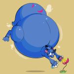  absurd_res air_puff argentite belly big_belly big_tail blue_body blush bodily_fluids cheek_bulge cloud_emanata crying era_(erablier) flower hi_res horn huge_tail immobile inflation motion_lines plant pollen reaching_out shadow simple_background tail tears yellow_background 