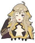  1girl ahoge arm_up blonde_hair breasts cape circlet fire_emblem fire_emblem_fates flat_color grey_eyes long_hair maji_(majibomber) medium_breasts one_eye_closed open_mouth ophelia_(fire_emblem) smile solo swept_bangs turtleneck upper_body yellow_cape 