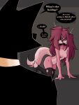  absurd_res all_fours anthro clothing comic dialogue duo female hair hi_res homeless_dog legwear male male/female messy_hair nude ponporio_(artist) red_eyes stockings suit surprised_expression the_suit_(ponporio) torn_clothing 