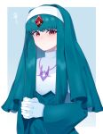  1other ? alternate_costume commentary_request eyelashes gem green_hair hitotose9 jewelry long_hair long_sleeves looking_at_viewer mega_man_(series) mega_man_battle_network necklace nun own_hands_together red_eyes sidelocks simple_background slur.exe_(mega_man) solo traditional_nun venus_symbol 