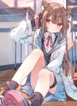  1girl animal_ears blush brown_hair cat_ears desk earphones extra_ears hair_between_eyes heripiro highres jacket long_hair open_clothes open_jacket original red_eyes school_desk school_uniform sitting skirt smile sweater thick_thighs thighs 