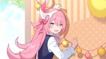  1girl :d alternate_costume balloon blue_eyes blue_sky bow chinese_commentary cloud fang gou_lianlian_dogface hair_between_eyes hair_bow highres holding honkai_(series) honkai_impact_3rd horns long_hair long_sleeves looking_at_viewer looking_back open_mouth pink_hair rozaliya_olenyeva shirt single_horn sky smile solo sweater_vest vest white_shirt 