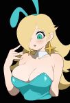  1girl animal_ears black_background blonde_hair blue_eyes blush breast_focus breasts cropped_torso detached_collar earrings hachinos_ssb hair_over_one_eye highres jewelry large_breasts mario_(series) portrait rabbit_ears rosalina solo star_(symbol) star_earrings upper_body 