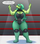  alligator alligatorid anthro big_breasts breasts cleavage_cutout clothed clothing crocodilian curvy_figure english_text eyeshadow female fighting_ring green_body green_hair green_scales hair hi_res kurve lunis1992 makeup mask pink_eyeshadow reptile scales scalie sharp_teeth solo sports_mask sportswear teeth text wide_hips wrestling_mask wrestling_outfit yellow_eyes 