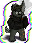  anthro canid canine canis chibi drugs goldi_(the_g0lden_0ne) male mammal marijuana metal_tail piecing pullover scar scars_on_thighs smoke smoking smoking_weed solo the_g0lden_0ne wolf 
