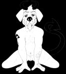  2021 andromorph anthro arm_tattoo black_and_white black_background black_horn black_nose black_tail bluekyokitty bodily_fluids body_hair canid canine canis chest_hair clitoris demon digital_drawing_(artwork) digital_media_(artwork) domestic_dog drooling enlarged_clitoris floppy_ears fur genitals half-closed_eyes happy_trail head_tuft hi_res horn humanoid_hands intersex looking_at_viewer mammal mastectomy_scar monochrome muscular_arms narrowed_eyes navel nipples nude open_mouth pussy saliva scar sebastian_(sebdoggo) sebdoggo simple_background solo spade_tail tail tattoo teeth tongue tongue_out trans_(lore) trans_man_(lore) triforce_tattoo tuft visibly_trans white_body white_fur 