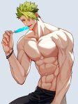  1boy abs absurdres achilles_(fate) black_pants bracelet brown_eyes fate_(series) fingernails food green_hair grey_background haruakira highres holding holding_food holding_popsicle jewelry large_pectorals male_focus muscular muscular_male navel no_nipples pants pectorals popsicle short_hair sitting solo tongue tongue_out topless_male undercut veins veiny_arms veiny_crotch 