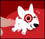  1:1 anthro anus balls blush bull_terrier bullseye_(target) butt canid canine canis digital_drawing_(artwork) digital_media_(artwork) domestic_dog duo erection fur genitals hi_res humanoid_genitalia humanoid_penis hunting_dog imminent_anal imminent_sex looking_at_viewer looking_back male male/male mammal mascot muffinlewds nude offscreen_character on_model one_eye_closed open_mouth penis presenting presenting_hindquarters simple_background smile solo_focus tail target target_corporation terrier white_body white_fur wink 