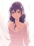  1girl artist_name asahina_mafuyu breasts collarbone curtain_grab curtains curvy grey_eyes hinata_mizuiro large_breasts nude project_sekai purple_hair solo translation_request white_background 