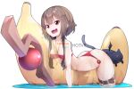  1girl 1other animal_ears artist_name ass banana bare_shoulders bikini black_cat breast_press breasts bright_pupils brown_hair buttons cat cat_ears cat_tail closed_eyes cowboy_shot cowgirl_position english_text fang floating floating_object food fruit hair_between_eyes hot_vr inflatable_toy kono_subarashii_sekai_ni_shukufuku_wo! megumin open_mouth patreon_username petite pixiv_username red_bikini red_eyes riding short_hair simple_background small_breasts solo spread_legs staff straddling summer swimsuit tail tongue water wet white_background 