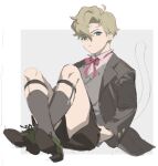  1boy ace_attorney aged_down blonde_hair blue_eyes brown_shorts closed_mouth collared_shirt full_body grey_jacket grey_socks grey_vest herlock_sholmes jacket kitto_ha knees_up long_sleeves looking_at_viewer male_focus neck_ribbon open_clothes open_jacket pink_ribbon pink_shirt ribbon shirt shoes short_hair shorts sitting socks solo the_great_ace_attorney vest 