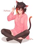  1girl absurdres ahoge animal_ears black_sclera brown_hair brown_thighhighs cat_ears closed_mouth colored_sclera heterochromia highres holding holding_pen hood hoodie multicolored_hair multicolored_tail nz_nezz orange_hair original pen pink_hoodie red_eyes red_hair short_hair solo tail thighhighs white_background 