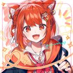  1girl animal_ear_fluff animal_ears blush bow bowtie braid cat_ears cat_girl cat_hair_ornament fang hair_ornament hood hoodie jacket_over_hoodie looking_at_viewer miyukiyo nijisanji open_mouth orange_eyes orange_hair orange_hoodie ratna_petit red_bow red_bowtie side_braid skin_fang smile solo 
