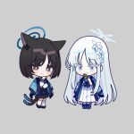  2girls animal_ears black_eyes black_hair black_skirt blue_archive blue_halo cat_ears cat_tail chibi closed_mouth de17a eating food full_body grey_background grey_eyes hair_ornament halo haori holding holding_food japanese_clothes kikyou_(blue_archive) long_hair long_skirt long_sleeves multiple_girls multiple_tails nagusa_(blue_archive) okobo pleated_skirt sailor_collar school_uniform serafuku short_hair simple_background skirt smile socks tail two_tails white_hair white_sailor_collar white_skirt white_socks zouri 