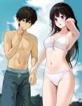  1boy 1girl armpits artist_logo ass_visible_through_thighs bikini blush breasts cameltoe chitanda_eru couple fingernails green_eyes hand_in_own_hair hetero highres hyouka large_breasts long_hair male_swimwear mery_(yangmalgage) navel open_mouth oreki_houtarou purple_eyes simple_background stomach swim_trunks swimsuit white_bikini 