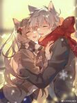  1boy 1girl animal_ear_fluff animal_ears arknights black_jacket black_skirt blurry blurry_background brown_hair brown_jacket cardigan_(arknights) depth_of_field grey_hair highres hug jacket long_sleeves open_clothes open_jacket pleated_skirt puffy_long_sleeves puffy_sleeves red_scarf scarf shirt skirt sleeves_past_wrists steward_(arknights) striped striped_scarf sweater_vest white_shirt yu_lan_zai_shuijiao 