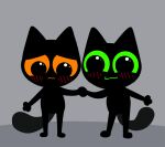  :3 alice_(gooble_2) axl_(gooblie_2) black_body blush blush_lines domestic_cat duo embarrassed felid feline felis female gooblie_2 green_sclera grey_background hand_holding hi_res male male/female mammal orange_sclera silly simple_background smile tail toony wholesome 