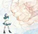  1girl blue_footwear blue_socks fist_bump giant_hand hood kneehighs long_sleeves looking_at_another looking_to_the_side shee_take socks solo touhou white_background 
