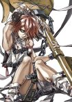 1girl a.b.a arm_up bags_under_eyes bandages bare_shoulders blood blood_on_clothes chain dong_hole fingerless_gloves gloves green_eyes guilty_gear guilty_gear_xx hair_over_one_eye highres homunculus key key_in_head looking_to_the_side object_through_head paracelsus red_hair scar scar_on_leg short_hair simple_background sitting solo_focus stitches thighs 