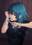 1girl armor bandaged_arm bandages blue_eyes blue_hair breasts byleth_(female)_(fire_emblem) byleth_(fire_emblem) cleavage commentary_request fire_emblem fire_emblem:_three_houses hair_ornament injury large_breasts long_hair looking_at_viewer medium_hair phrecklesart short_hair simple_background solo 