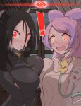  ! 2girls absurdres alpha_pokemon arms_under_breasts black_hair black_track_suit blush breast_press breasts coat collarbone crossed_arms dendra_(pokemon) earrings eyeshadow fingerless_gloves flower_earrings gloves high_ponytail highres jacket jewelry kurachi_mizuki lab_coat large_breasts light_purple_hair long_hair makeup miriam_(pokemon) multiple_girls off-shoulder_sweater off_shoulder open_clothes open_coat pink_eyeliner pink_eyeshadow pokemon pokemon_(game) pokemon_sv school_nurse sleeves_past_elbows stethoscope sweater swept_bangs track_jacket turtleneck turtleneck_jacket yellow_sweater zipper_pull_tab 