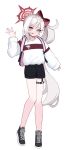  1girl 82jhin absurdres alternate_costume black_footwear black_shorts blue_archive full_body grey_hair halo highres long_hair long_sleeves mutsuki_(blue_archive) purple_eyes red_halo shirt shoes shorts side_ponytail simple_background sneakers solo white_background white_shirt 
