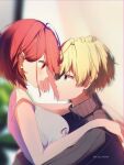  1boy 1girl arima_kana black_sweater blonde_hair blush bob_cut closed_mouth highres hoshino_aquamarine hug inverted_bob lilac10 looking_at_another open_mouth oshi_no_ko red_eyes red_hair shirt short_hair sweater upper_body white_shirt 