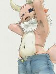  anthro apluss fangs fur half-closed_eyes hi_res horn kaku_(ponkotsu_quest) male narrowed_eyes navel open_mouth pink_body pink_fur raised_arms scar shorts_only solo tail teeth view_from_below 