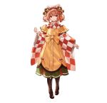  1girl absurdres apron bell checkered_clothes checkered_kimono clothes_writing hair_bell hair_ornament hands_up highres japanese_clothes kimono looking_at_viewer motoori_kosuzu orange_eyes orange_hair smile solo touhou transparent_background two_side_up u_u_zan wide_sleeves yellow_apron 
