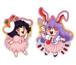  2girls animal_ears barefoot black_hair blush_stickers buttons carnelscorner carrot carrot_necklace chibi collared_shirt commentary dress dress_shirt english_commentary frilled_sleeves frills highres holding holding_megaphone inaba_tewi jewelry leaning_forward long_hair looking_at_viewer medium_hair megaphone multiple_girls necklace open_mouth pink_dress pink_skirt pleated_skirt puffy_short_sleeves puffy_sleeves purple_hair rabbit_ears red_eyes reisen_udongein_inaba shirt short_sleeves skirt socks teeth touhou transparent_background upper_teeth_only white_shirt white_socks 