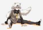  1girl animal_ear_fluff badger_ears badger_girl badger_tail black_footwear black_fur black_hair black_pantyhose black_sailor_collar blush commentary extra_ears full_body fur-trimmed_sleeves fur_trim gradient_sleeves grey_background grey_skirt japanese_badger_(kemono_friends) kemono_friends long_sleeves looking_at_viewer multicolored_hair neckerchief pantyhose pleated_skirt sailor_collar school_uniform serafuku shoe_soles shoes short_hair simple_background sitting skirt sneakers solo sweater_around_neck tanabe_(fueisei) two-tone_hair white_hair yellow_eyes yellow_neckerchief 