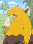  absurdres black_eyes cloud commentary_request day drowzee eating food grass highres holding ice_cream ice_cream_cone looking_down no_humans open_mouth outdoors pokemon pokemon_(creature) polyushitako sky solo standing tongue tongue_out tree 