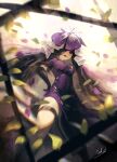  1girl absurdres black_eyes black_gloves black_hair blush dress elbow_gloves flower food_print fruit_print gloves grape_print highres long_hair open_mouth purple_dress purple_flower short_sleeves shui_she signature solo thigh_strap touhou unfinished_dream_of_all_living_ghost vine_print yomotsu_hisami 