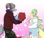  8:7 anthro blue_eyes blush bottomwear bouquet breasts canid canine canis cargo_pants chubby_female clothing covering covering_mouth dinosaur dipstick_ears dipstick_tail duo fan_character female flower flower_bouquet fur fur-trimmed_jacket goodbye_volcano_high green_body green_scales grey_body grey_fur grey_hair hair hair_bun hi_res highlights_(coloring) jacket jewelry larger_male long_tail male mammal markings multicolored_ears necklace netardado ornithischian pants plant ponytail red_body red_fur red_highlights reptile rose_(flower) scales scalie shirt short_hair shorts simple_background size_difference smaller_female spiked_tail spikes spikes_(anatomy) stegosaurian stegosaurus stella_(gvh) tail tail_markings thyreophoran topwear wolf yellow_body 