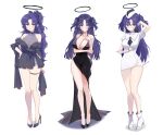  absurdres alternate_costume ash_(cat7evy) black_dress blue_archive blue_eyes breasts dress full_body halo hand_on_own_hip highres large_breasts long_hair necktie off_shoulder open_mouth purple_eyes purple_hair two_side_up white_background yuuka_(blue_archive) 