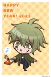  1boy :o alternate_costume amami_rantaro antenna_hair artist_name border chibi danganronpa_(series) danganronpa_v3:_killing_harmony green_eyes green_hair hakama happy_new_year highres japanese_clothes long_sleeves plaid plaid_background short_hair solo speech_bubble spoken_sweatdrop suiren_yurei sweatdrop teeth upper_teeth_only white_border 